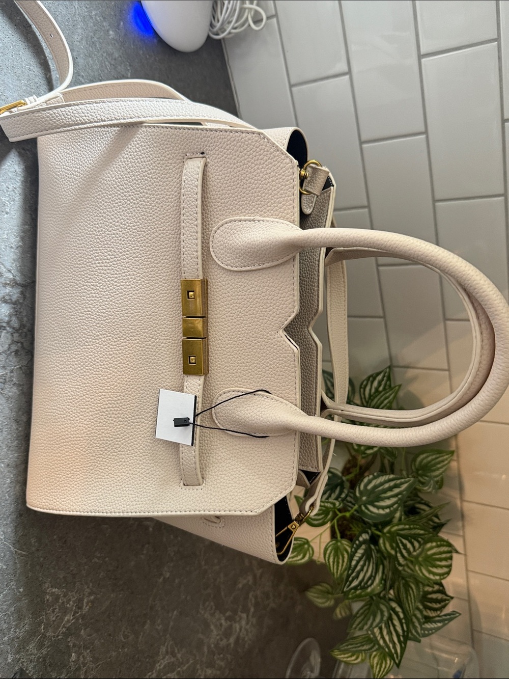 Cream Pebbled Leather Satchel Handbag Elegant Everyday Tote with scarf
